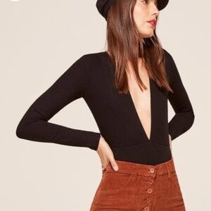Reformation Long Sleeve Bodysuit Plunging Neck Ribbed Sz Large Pristine